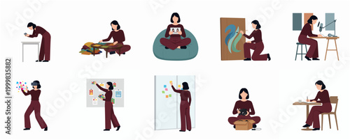Diverse Artistic Creation Scenes Featuring a Woman Engaged in Various Creative Pursuits