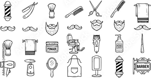 Black and White Line Art Barber Shop Icons: Tools, Haircuts, and Beard Care