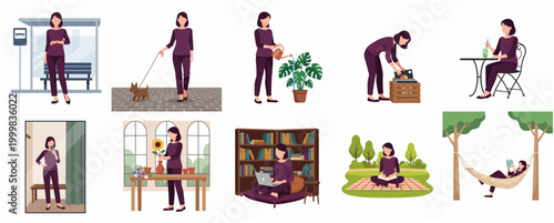 Diverse Daily Life Activities of a Woman in Various Urban and Natural Settings