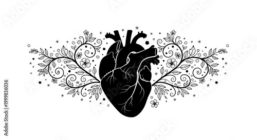 Anatomical human heart illustration with decorative floral vines and swirling branches.