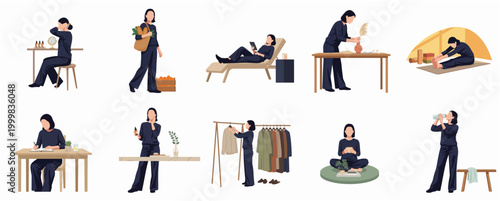 Flat Style Collection of Woman Daily Activities Icon Set Graphic
