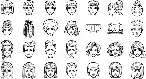 Black  White Line Art Icons: Diverse Haircut and Hairstyling Heads for Beauty Salon, Barbershop, and Fashion Industry. Male  Female Hairdos.