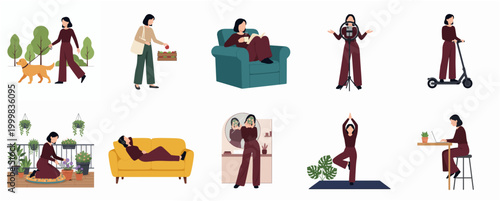Flat Design Collection Representing Modern Woman Daily Life Activities and Hobbies