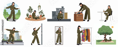 Modern Young Woman Everyday Activities Diverse Lifestyle Poses Collection