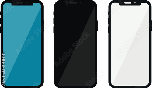Vector illustration of cellphone frames with different screen displays and glossy glass effect