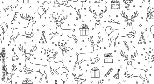Seamless pattern with cute doodle deer for Christmas and birthday celebrations.