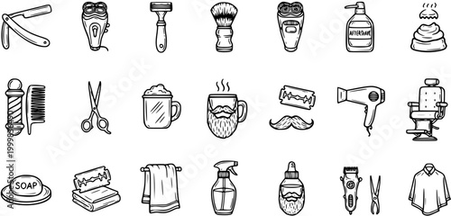 Hand Drawn Barbershop Tools and Grooming Kit Line Art Icons Set. Black and White Doodle Style Hairdressing Equipment and Male Shaving Elements.