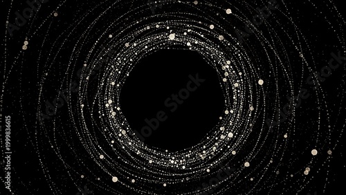 A mesmerizing display of white particles and dots forming concentric circles on a dark background with a central void