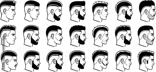 Black and White Line Art Collection of Men's Hairstyles and Beard Styles