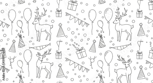Seamless pattern with hand drawn reindeer balloons and festive gifts.