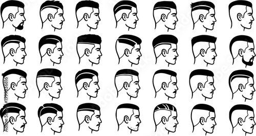 Black and White Line Art Illustration of Diverse Men's Hairstyles, Male Haircuts and Styles