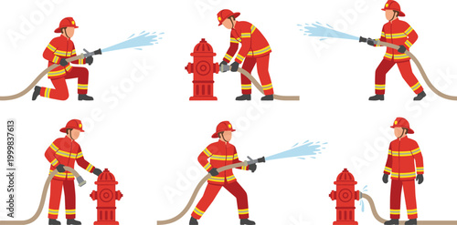 Firefighter Using Hose and Fire Hydrant Vector Illustration Set Showing Emergency Response, Water Spraying, and Fire Rescue Actions for Safety Concepts