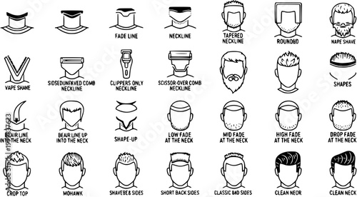 Barber Shop Haircuts  Men's Grooming Styles Vector Line Art Icons. Hairstyles, Beards,  Necklines Glyph Set for Salon  Hairdresser Guides.