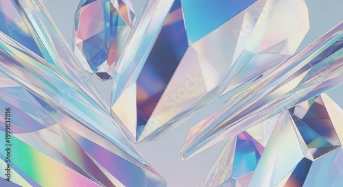 Abstract crystal prism composition with iridescent light refraction, sharp edges, and a pastel color scheme on a soft gray background