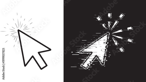 Bild auf Leinwand Mouse cursor arrow icons with click effect in clean line art and glitch distorti