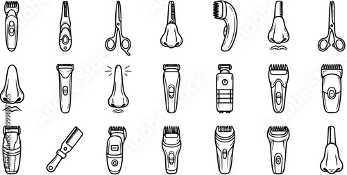 Black and White Line Art Icons Set for Personal Grooming and Hygiene Industry: Nose Trimmers, Electric Shavers, Scissors, and Noses.