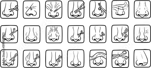 Nose Hair Trimming  Grooming Icons Set. Black  White Outline Line Art Collection for Personal Care, Beauty, and Hygiene Products.
