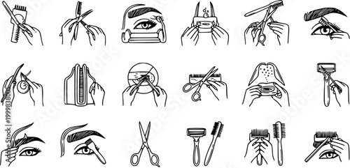 Black and White Line Art Icons Set for Beauty Salon and Grooming. Hand-drawn Glyphs Depicting Hairdressing, Eyebrow Shaping, and Facial Care Tools.