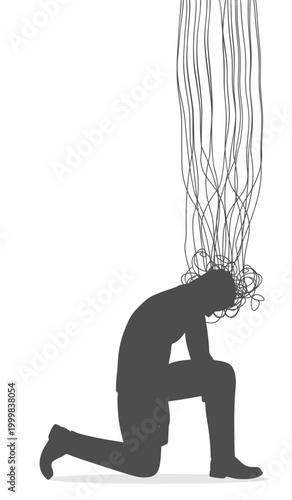 Stressed over thinking man with his head fuming. Psychotherapy, stress and psychosis. Brain damage, cognitive disfunction. A tangled nerves, symbolizing a depressed state of a person.