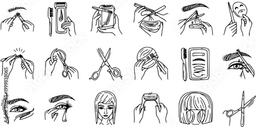 Beauty and Grooming Line Art Icons Set. Hand-drawn Black and White Doodle Pictograms for Eyebrow, Eyelash, Hair Care, and Cosmetic Procedures and Tools.