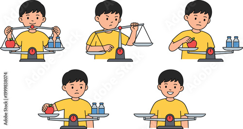 Boy Using Balance Scale Vector Illustration Set Showing Weighing Objects, Comparing Weight, and Learning Measurement for Education, Science, and Math Concepts