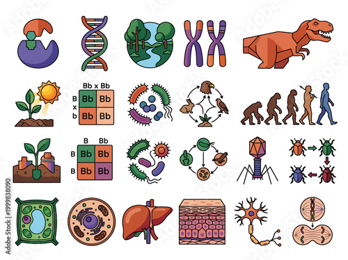 Biology and Life Science Icon Set featuring Genetics, Human Evolution, Cell Anatomy, Ecology, and Microbiology Illustrations for Education and Research
