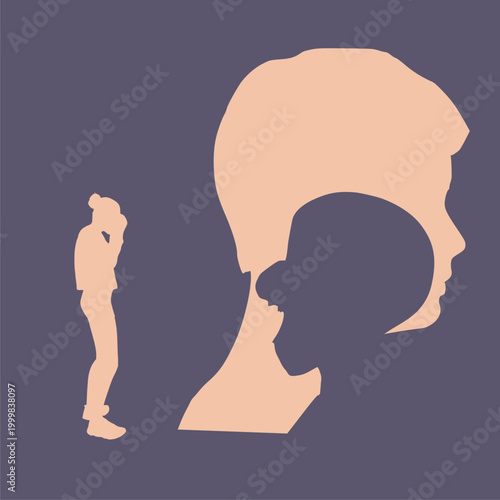 Abused young woman trying to hide and defend herself. Stop violence against women. Family scandal, domestic violence and abuse. Woman harassed by her partner. Aggressive husband shouting on wife.