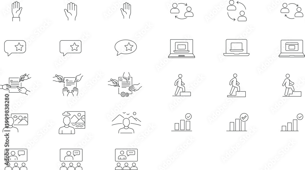 Fototapeta premium Business and Technology Vector Icon Set: 27 Minimalist Black Line Icons for Collaboration, Networking, Remote Work, and Growth. Features Editable Stroke, Customizable Line Weight, and Outline Style.