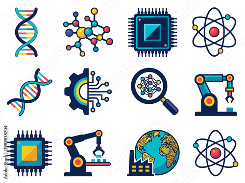Science and Technology Vector Icon Set for Biotechnology, Robotics, Electronics, and Global Manufacturing