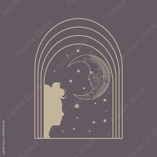 Woman relaxing. Female avatar under the arch frame decorated with moon and stars. Illustration about sleep, good dream, night, magic and peaceful.