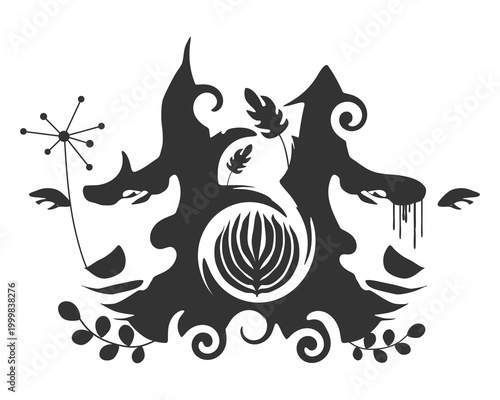 Two young women face front view. Melted with spiral and decorated by curls. Elegant silhouette of a female heads. Split personality disorder.