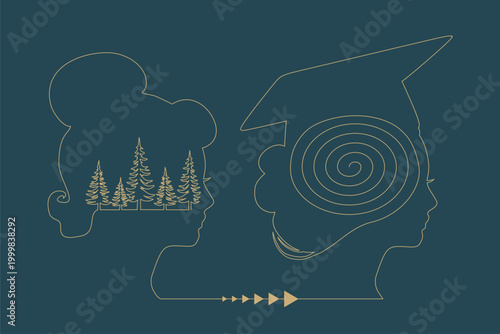 Personal growth and development. Business and education concept. Metaphor of problem solving, chaos and mess, difficult situation. Deep forest in one head and order spiral in another.