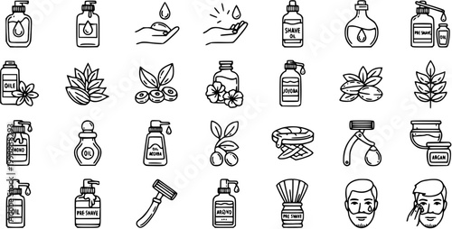 Men's Grooming, Shaving  Natural Oils Line Art Icons. Collection of beard care, skincare, and personal hygiene outline glyphs.