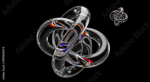 Elegant crystalline interwoven design with transparent, reflective loops, prismatic refractions, dark background, and a secondary element in a symmetrical arrangement.
