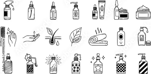 Hand-drawn Beauty Cosmetics and Personal Care Products Doodle Icons Set. Black  White Line Art Symbols for Skincare, Haircare, and Spa Industry.