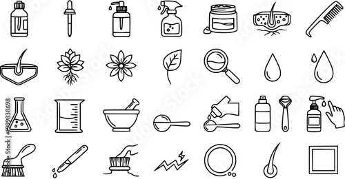 Beauty and Skincare Cosmetics Outline Icons Set. Dermatology and Natural Ingredients Line Art for Hair Care, Formulation, and Product Packaging.