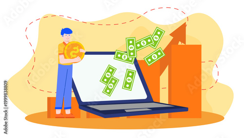 Concept of online crowdfunding where many people contribute money through a laptop