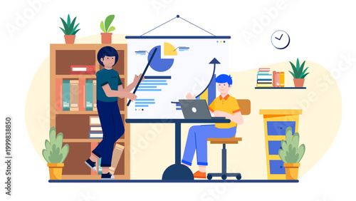 Professional mentor pointing at a presentation board to guide a young entrepreneur with a laptop