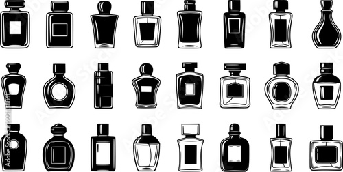 Canvastavla Perfumery and Beauty Industry Black and White Line Art Glyphs Vector Set: Collection of Various Fragrance and Cologne Bottle Icons for Cosmetics Design