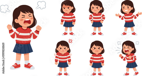 Angry Little Girl Emotion Vector Illustration Set Showing Child Crying, Shouting, and Expressing Frustration for Behavior, Mental Health, and Emotional Concepts