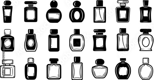 Luxury Beauty Perfume Bottles Glyph Vector Icons Set. Collection of flat black and white silhouettes depicting various fragrance and cologne containers for fashion and personal care designs.