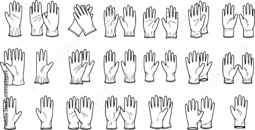 Black and White Line Art Illustrations of Assorted Latex and Disposable Gloves