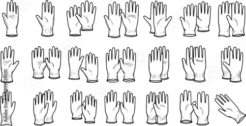 Medical and Protective Gloves Line Art Collection. Black and White Outline Hand-Drawn Illustrations for Healthcare, Hygiene, and Safety.