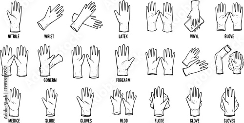 Medical and Safety Gloves Black and White Line Art Doodle Icons Set. Various Protective Handwear Types and Poses for Hygiene and Protection Concept.