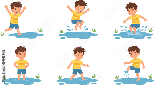Happy Boy Playing in Water Puddle Vector Illustration Set Showing Jumping, Splashing, and Outdoor Fun Activity for Kids Childhood and Rainy Day Concepts