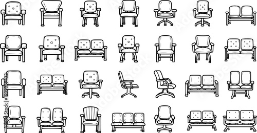 Black and White Line Art Icons of Various Chairs and Sofas for Office and Waiting Room Furniture
