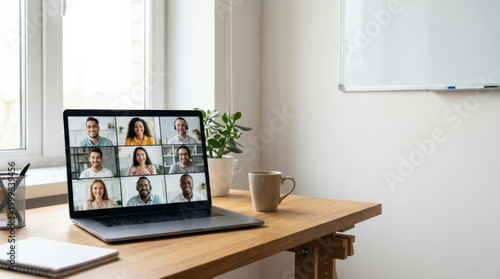 Remote work video conference online meeting virtual team home office laptop workspace remote communication business teamwork modern remote work video conference online meeting virtual team home