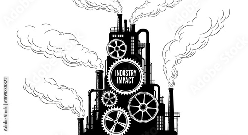 Industrial factory silhouette with gear mechanics and smoke emissions.
