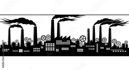 Industrial factory skyline silhouette with smokestacks and gears.