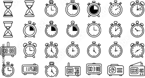 Black and White Line Art Icons of Various Clocks, Timers and Hourglasses for Time Management and Measurement
